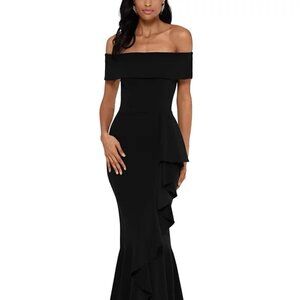 Betsy & Adam Off-The-Shoulder Mermaid Gown Black